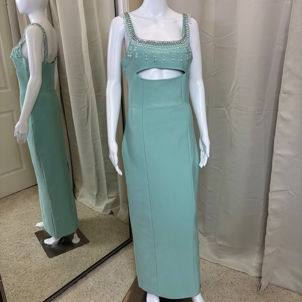 Bella Barnett Mint Green Embellished Bandage Maxi Dress Cutout Rhinestone Large
